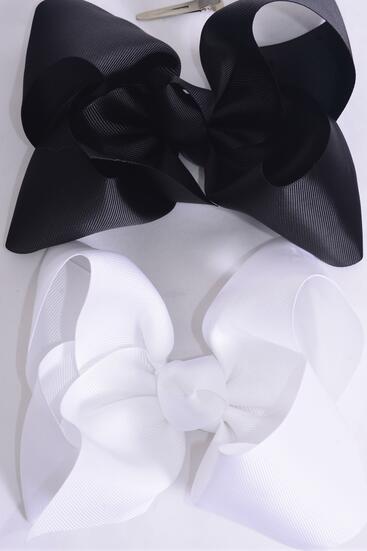 Hair Bow Extra Jumbo Cheer Type Bow Black White Color Mix Grosgrain Bow-tie / 12 pcs Bow = Dozen Alligator Clip , Size - 8" x 7" Wide , 6 White , 6 Black Color Mix , Clip Strip & UPC Code