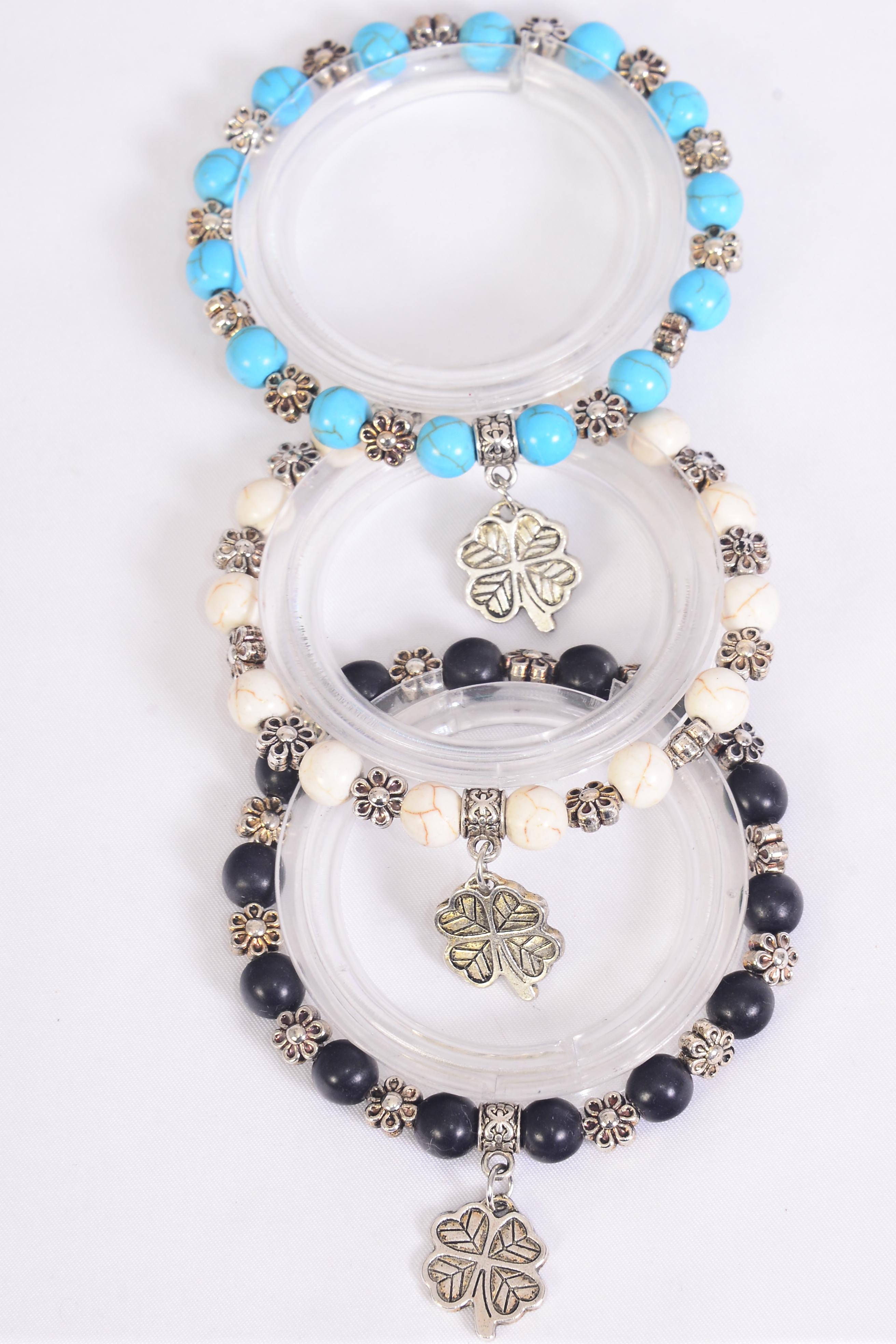 Bracelet 8 mm Semiprecious Stone Clover Charm / 12 pcs