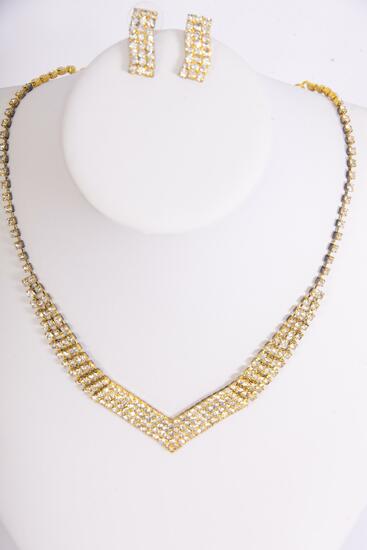 Necklace Sets Rhinestone Gold Post / 12 Sets = Dozen Post , Size - 18 inch , Extension Chain , Black Velvet Display Card & OPP Bag & UPC Code