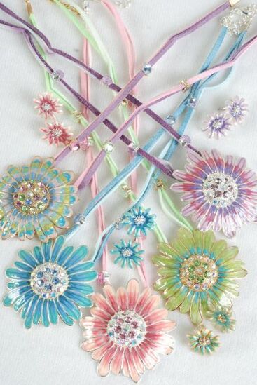 Necklace Sets Daisy Enamel Rhinestones Flower / Sets Post , Daisy - 2.5" Wide , Earring - 0.75" Wide , Display Card & OPP Bag & UPC Code , Choose Colorst