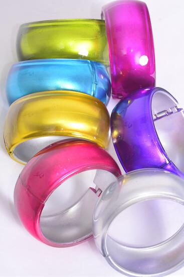 Bracelet Bangle Acrylic Hinge Cat-eye Multi / 12 pcs = Dozen Multi , Size - 2.75" x 1.25" Dia Wide , 2 Silver , 2 Blue , 2 Purple , 2 Fuchsia , 2 Yellow , 1 Lime , 1 Coral Mix , Hang Tag & OPP bag & UPC Code-
