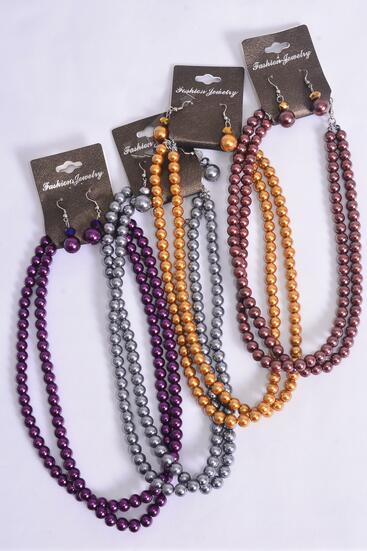 Necklace Sets Pearl 2 Strand Asst / 12 Sets = Dozen Asst , Size - 18" Extension Chain , 3 Purple , 3 Gray , 3 Gold , 3 Light Purple Color Asst , Hang tag & Opp Bag