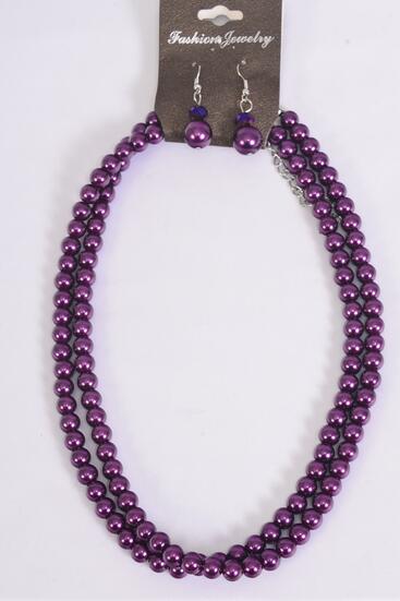 Necklace Sets Pearl 2 Strand Purple / 12 Sets = Dozen Purple , 18" Extension Chain , Hang Tag & OPP Bag