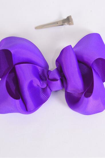 Hair Bow Jumbo Double Layered Purple Grosgrain Bow-tie / 12 pcs Bow = Dozen Purple , Alligator Clip , Size - 6" x 5" Wide , Clip Strip & UPC Code