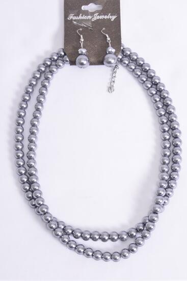 Necklace Sets Pearl 2 Strand Gray / 12 Sets = Dozen Gray , Size - 18" Extension Chain , Hang tag & Opp Bag