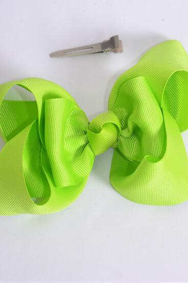 Hair Bow Jumbo Double Layered Lime Grosgrain Bow-tie / 12 pcs Bow = Dozen   Lime , Alligator Clip , Size - 6" x 5" Wide , Clip Strip & UPC Code