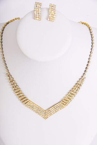 Necklace Sets Rhinestone Gold Post / 12 Sets = Dozen Post , Size - 18 inch , Extension Chain , Black Velvet Display Card & OPP Bag & UPC Code