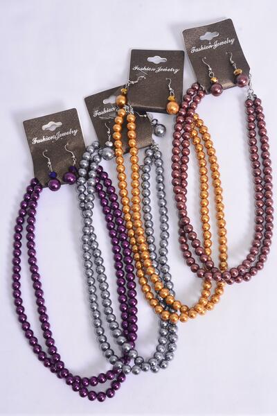 Necklace Sets Pearl 2 Strand Asst / 12 Sets = Dozen Asst , Size - 18" Extension Chain , 3 Purple , 3 Gray , 3 Gold , 3 Light Purple Color Asst , Hang tag & Opp Bag