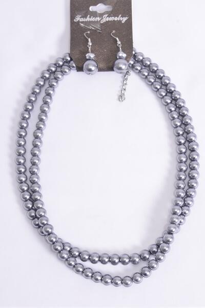 Necklace Sets Pearl 2 Strand Gray / 12 Sets = Dozen Gray , Size - 18" Extension Chain , Hang tag & Opp Bag