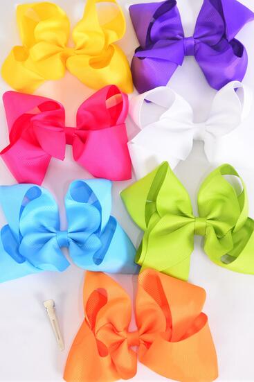 Hair Bow Jumbo Grosgrain Bow-tie Citrus / 12 pcs Bow = Dozen Alligator Clip , Size - 6" x 5" Wide , 2 White , 2 Fuchsia , 2 Purple , 2 Yellow , 2 Blue , 1 Lime , 1 Orange Color Asst , Clip Strip and UPC Code