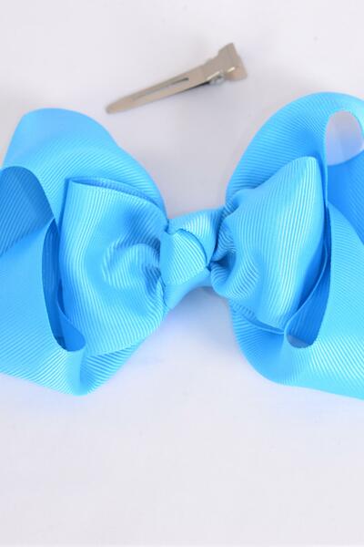 Hair Bow Jumbo Double Layered Turquoise Grosgrain Bow-tie / 12 pcs Bow = Dozen Turquoise , Alligator Clip , Size - 6" x 5" Wide , Clip Strip & UPC Code