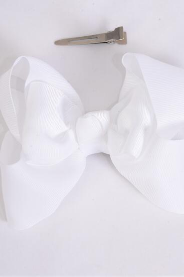 Hair Bow Jumbo Double Layered White Grosgrain Bow-tie / 12 pcs Bow = Dozen White , Alligator Clip , Size - 6" x 5" Wide , Clip Strip & UPC Code