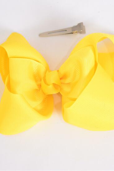 Hair Bow Jumbo Double Layered Daffodil Yellow Grosgrain Bow-tie / 12 pcs Bow = Dozen Daffodil Yellow , Alligator Clip , Size - 6" x 5" Wide , Clip Strip & UPC Code