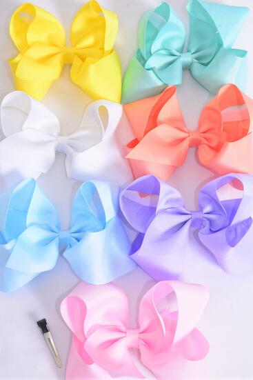 Hair Bow Jumbo Grosgrain Bow-tie Pastel / 12 pcs Bow = Dozen Alligator Clip , Size - 6" x 5", 2 White , 2 Baby Pink , 2 Lavender , 1 Blue , 2 Yellow , 2 Mint Green , 1 Peach Color Asst , Clip Strip and UPC Code