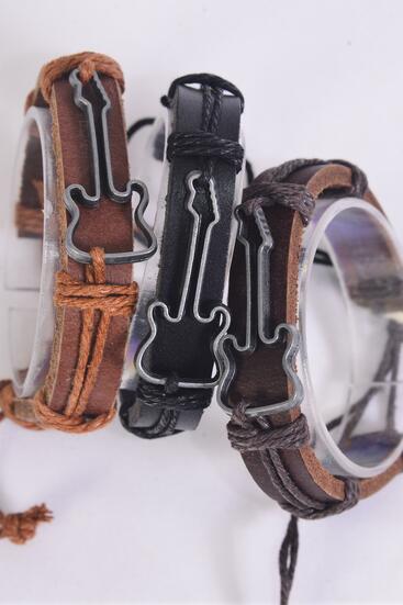 Bracelet Real Leather Sideways Guitar / 12 pcs = Dozen Unisex , Adjustable , 4 of each Pattern Mix , Individual Hang tag & OPP Bag & UPC Code