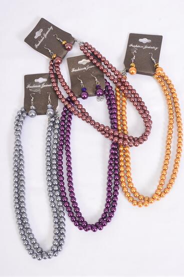 Necklace Sets Pearl 2 Strand Asst / 12 Sets = Dozen Asst , Size - 18" Extension Chain , 3 Purple , 3 Gray , 3 Gold , 3 Light Purple Color Asst , Hang tag & Opp Bag