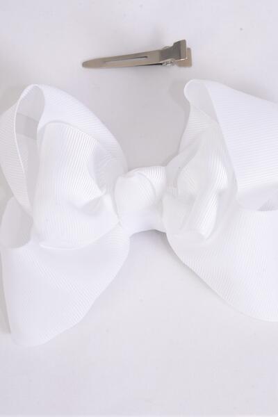 Hair Bow Jumbo Double Layered White Grosgrain Bow-tie / 12 pcs Bow = Dozen White , Alligator Clip , Size - 6" x 5" Wide , Clip Strip & UPC Code