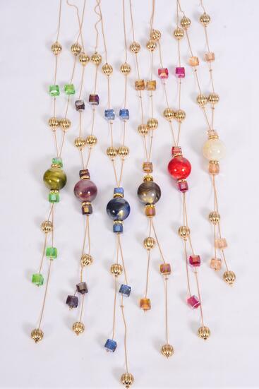 Necklace Trendy Marble Like Rhinestone Bezel Multi / 12 pcs = Dozen  Multi , 30'' Chain , 2 of each Color Asst , Display Card & OPP Bag & UPC Code