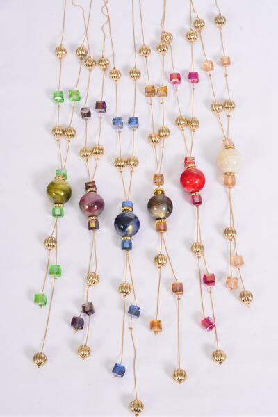 Necklace Trendy Marble Like Rhinestone Bezel Multi / 12 pcs = Dozen  Multi , 30'' Chain , 2 of each Color Asst , Display Card & OPP Bag & UPC Code
