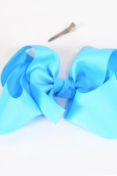 Hair Bow Extra Jumbo Cheer Type Bow Turquoise Grosgrain Bow-tie / 12 pcs Bow = Dozen  Turquoise , Alligator Clip , Size - 8" x 7" Wide , Clip Strip & UPC Code