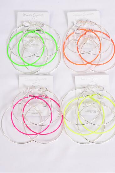 Earrings 3 Pair Hoop Silver Metal Neon Color Mix / 36 pair = Dozen Post , Hoop Size - 2.75" Wide , 3 of each Color Asst , Earring Card & UPC Code , 3 Pair Per Card ,12 Card = Dozen