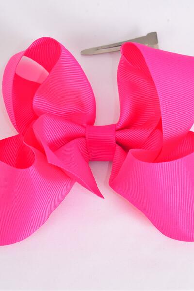 Hair Bow Jumbo Fuchsia Grosgrain Bow-tie / 12 pcs Bow = Dozen   Fuchsia , Alligator Clip , Size - 6" x 5" Wide , Clip Strip & UPC Code