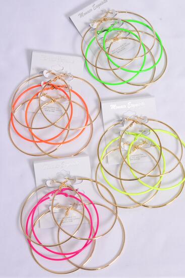 Earrings 3 Pair Hoop Gold Metal Neon Color Mix / 36 pair = Dozen Post , Hoop Size - 2.5" Wide , 3 of each Color Asst , Earring Card & UPC Code , 3 Pair Per Card ,12 Card = Dozen