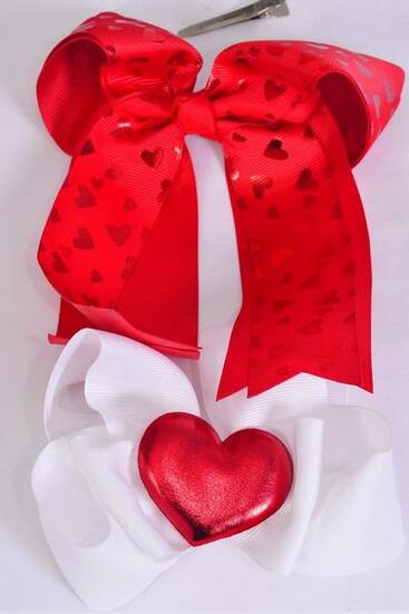 Hair Bow Jumbo Heart Pattern Mix  Grosgrain Bow-tie / 12 pcs Bow = Dozen Alligator Clip , Size White - 6" x 5" Wide , Red - 6.5" x 6" Wide , 6 Of Each Pattern Asst , Clip Strip & UPC Code