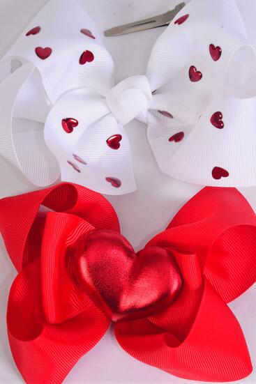 Hair Bow Jumbo Heart Studded Grosgrain Bow-tie / 12 pcs Bow = Dozen Alligator Clip , Size - 6" x 5" Wide , 6 Of Each Pattern Asst , Clip Strip & UPC Code