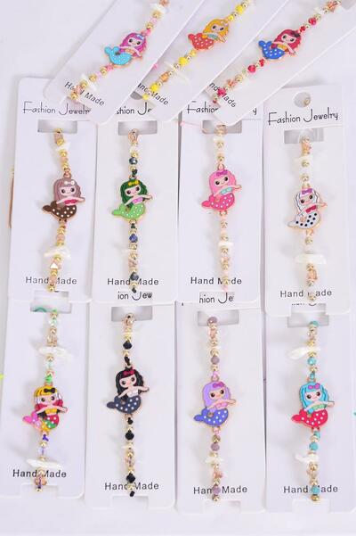 Bracelet Gold Mermaid Enamel Multi / 12 pcs = Dozen  Pull-String , Adjustable , 12 Pattern Mix , Individual Hang tag & OPP Bag & UPC Code