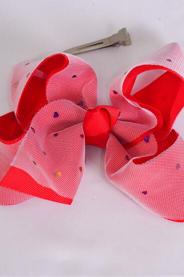 Hair Bow Jumbo Double Layer Mesh Metallic Heart Grosgrain Bow-tie Red / 12 pcs Bow = Dozen  Red , Alligator Clip , Size - 6" x 5" Wide , Clip Strip & UPC Code