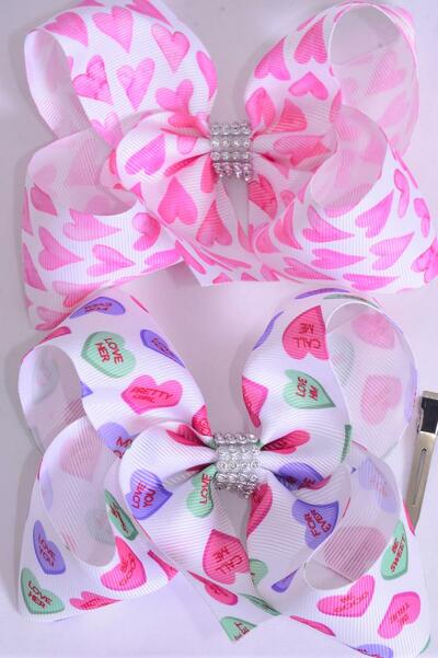 Hair Bow Jumbo Pastel Hearts Hug & Kiss Grosgrain Bow-tie / 12 pcs Bow = Dozen  Alligator Clip , Size - 6" x 5" Wide , 6 Of Each Pattern Asst , Clip Strip & UPC Code
