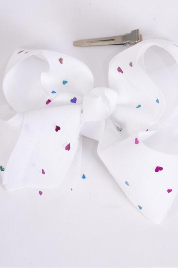 Hair Bow Jumbo Double Layer Mesh Metallic Heart Grosgrain Bow-tie White / 12 pcs Bow = Dozen White , Alligator Clip , Size - 6" x 5" Wide , Clip Strip & UPC Code