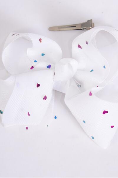 Hair Bow Jumbo Double Layer Mesh Metallic Heart Grosgrain Bow-tie White / 12 pcs Bow = Dozen White , Alligator Clip , Size - 6" x 5" Wide , Clip Strip & UPC Code