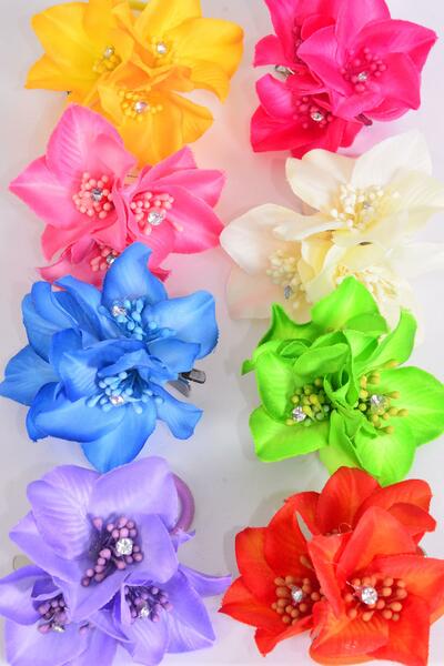 Flower Silk Flowers Hair Tie Brooch Alligator Clip Mix Multi / 12 pcs Flower = Dozen Size - 4" Wide , Brooch , Alligator Clip & Hair Tie , 2 Fuchsia , 2 Yellow , 2 Lavender , 2 Beige, 1 Turquoise , 1 Hot Punk , 1 Lime , 1 Orange Asst