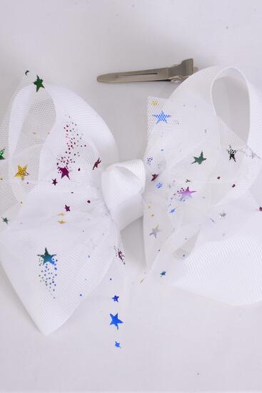 Hair Bow Jumbo Double Layered Mesh Metallic Stars Grosgrain Bow-tie White / 12 pcs Bow = Dozen White , Alligator Clip , Size - 6" x 5 " Wide , Clip Strip & UPC Code
