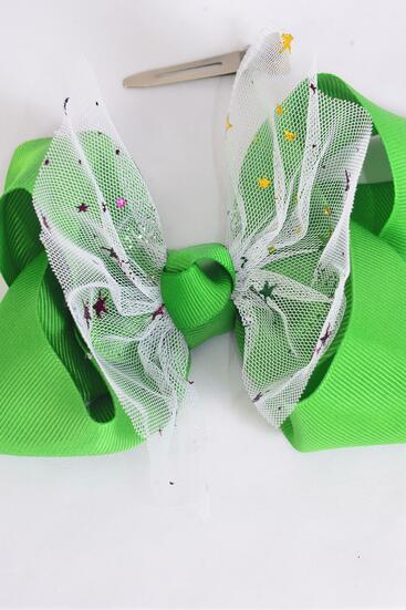 Hair Bow Jumbo Double Layered Mesh Metallic Stars Grosgrain Bow-tie Green / 12 pcs Bow = Dozen Green , Alligator Clip , Size - 6" x 5 " Wide , Clip Strip & UPC Code