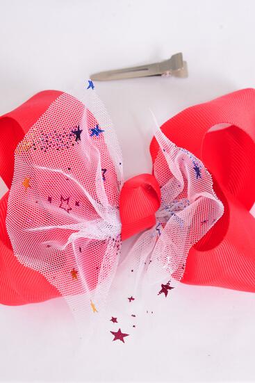 Hair Bow Jumbo Double Layered Mesh Metallic Stars Grosgrain Bow-tie Red / 12 pcs Bow = Dozen Red , Alligator Clip , Size - 6" x 5 " Wide , Clip Strip & UPC Code