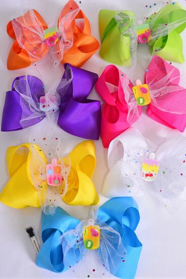 Hair Bow Jumbo mesh Popcicle Charm Grosgrain Bow-tie Citrus / 12 pcs Bow = Dozen  Alligator Clip , Size - 6" x 5" Wide , 2 Fuchsia , 2 Blue , 2 Yellow , 2 Purple , 2 White , 1 Lime , 1 Orange Color Mix , Clip Strip & UPC Code