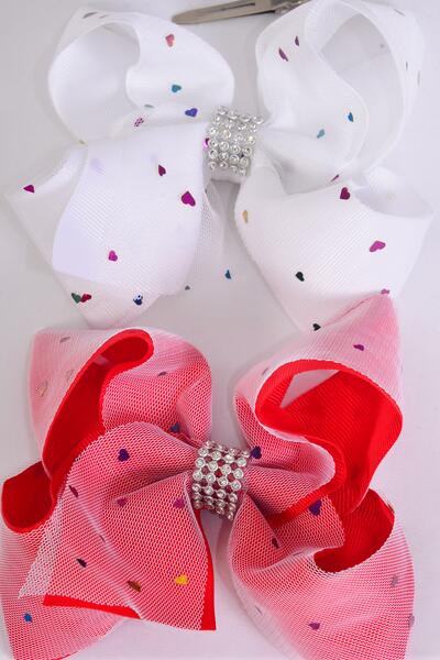 Hair Bow Jumbo Double Layer Mesh Metallic Heart Grosgrain Bow-tie Red & White Mix / 12 pcs Bow = Dozen Alligator Clip , Size - 6" x 5" Wide , 6 Red , 6 White Asst , Clip Strip & UPC Code