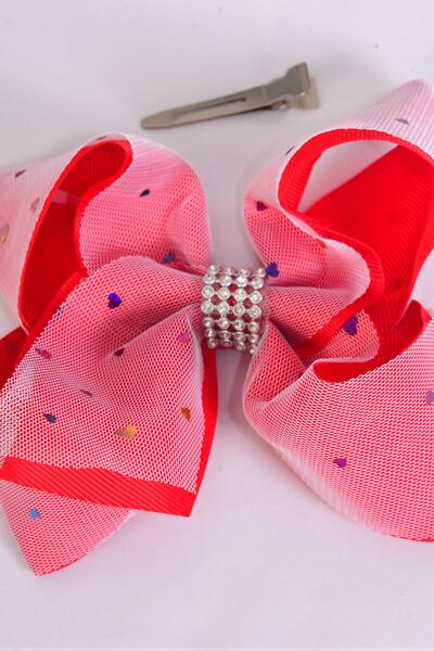 Hair Bow Jumbo Double Layer Mesh Metallic Heart Grosgrain Bow-tie Red / 12 pcs Bow = Dozen  Red , Alligator Clip , Size - 6" x 5" Wide , Clip Strip & UPC Code