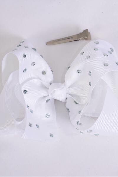 Hair Bow Jumbo Clear Stone Studded Grosgrain Bow-tie White / 12 pcs Bow = Dozen White , Alligator Clip , Size - 6" x 5" Wide , Clip Strip & UPC Code