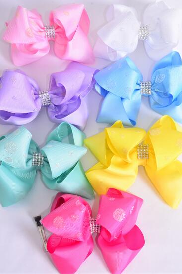 Hair Bow Jumbo Double Layered Center Mesh Metallic Polka dot Grosgrain Bow-tie Pastel / 12 pcs Bow = Dozen  Alligator Clip , Size - 6" x 5" , 2 White , 2 Baby Pink , 2 Lavender , 2 Hot Pink , 2 Mint , 1 Blue , 1 Yellow Color Asst , Clip Strip & UPC Code