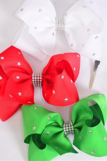 Hair Bow Jumbo Silver Star Studded Grosgrain Bow-tie Red White Green Mix / 12 pcs Bow = Dozen Star , Alligator Clip , Size - 6" x 5" Wide , 4 of each Pattern Asst , Clip Strip & UPC Code