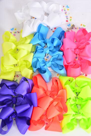 Hair Bows Large 36 pcs Grosgrain Bow-tie Caribbean Neon / 12 card = Dozen Alligator Clip , Size - 4 " x 3" Wide , 2 Turquoise , 2 Orange , 2 White , 2 Pink , 2 Purple , 1 Yellow , 1 Lime Asst .
