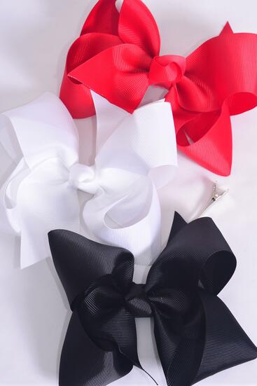 Hair Bow Jumbo Red White Black Mix Grosgrain Bow-tie / 12 pcs Bow = Dozen Alligator Clip , Size - 6" x 5" Wide , 4 Red , 4 White , 4 Black Color Mix , Clip Strip & UPC Code