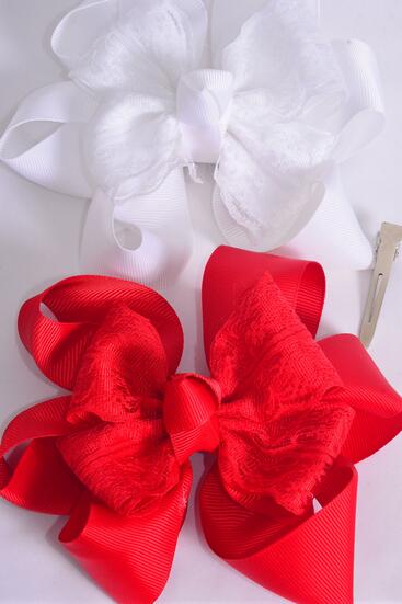 Hair Bow Jumbo Lace Double Layered Grosgrain Bow-tie White / 12 pcs Bow = Dozen Alligator Clip , Bow - 6" x 5" Wide , 6 Red , 6 White Color Asst , Clip Strip & UPC Code