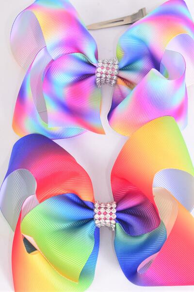 Hair Bow Jumbo Tiedye Gradient Rainbow Grosgrain Bow-tie / 12 pcs = Dozen  Alligator Clip , Size - 6" x 5" Wide , 6 Of Each Pattern Asst , Clip Strip & UPC Code