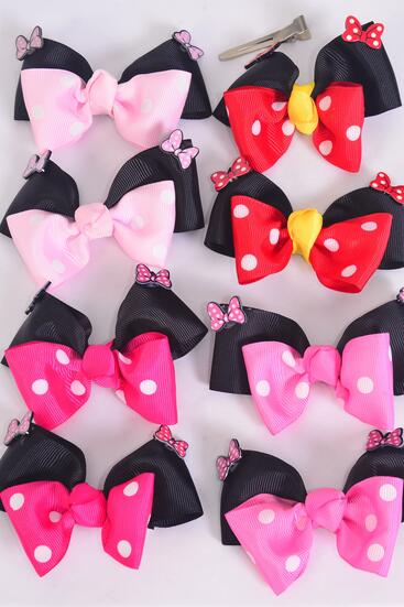 Hair Bow 24 pcs Double Layered Polka dot Grosgrain Bow-tie / 24 pcs Bow = Dozen  Alligator Clip , Size - 3.5" x 2.5" Wide , 3 Red , 3 Fuchsia , 3 Hot Pink , 3 Baby Pink Color Asst , Clip Strip & UPC Code 