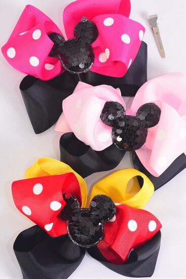 Hair Bow Jumbo Double Layered Center Black Sequin Mouse Ear Grosgrain Bow-tie / 12 pcs Bow = Dozen Alligator Clip , Size - 6" x 5" Wide , 4 Of each Pattern Asst , Clip Strip & UPC Code